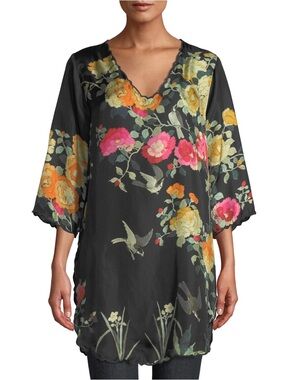 Johnny Was Charlotte Rose-Print Silk Tunic Size M?